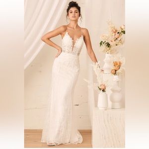 Wonderstruck White Glitter Lace-Up Embroidered Lace Maxi Dress with storage bag